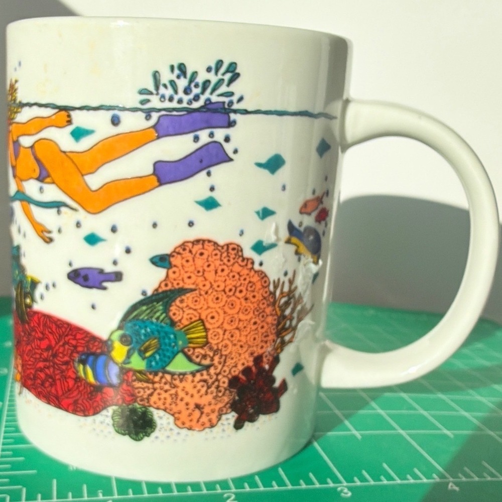 Vintage Scuba Diving Coral Reef Tropical Fish Ceramic Coffee Mug White